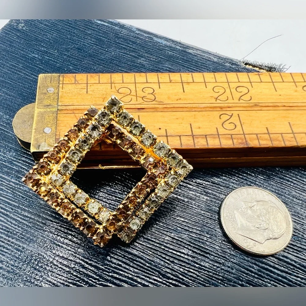 Vintage gold geometric squares brown & gray rhinestones brooch pin